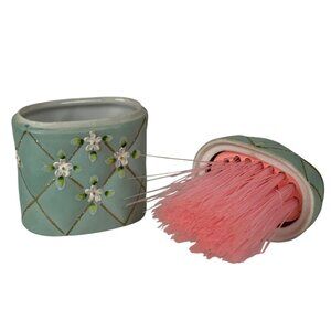 Vintage Vanity Hidden Lint Brush in Ceramic Box With Floral Design Gold Accents